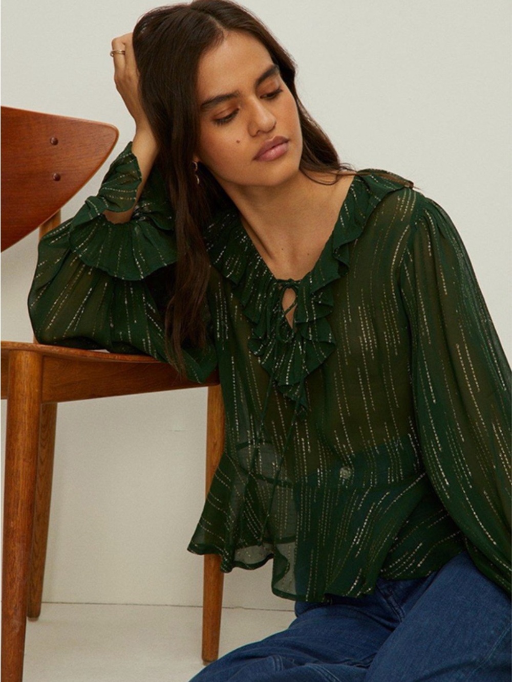 Amber Skies Romantic Babydoll Top NEW Size L Dark Green Metallic Gold Bell Cuffs